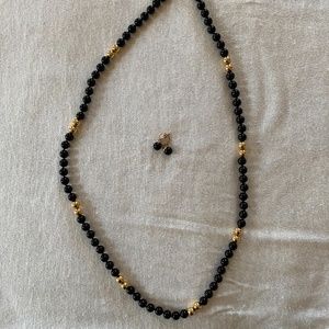 Onyx and 14K Gold Beaded Necklace and Earrings Set